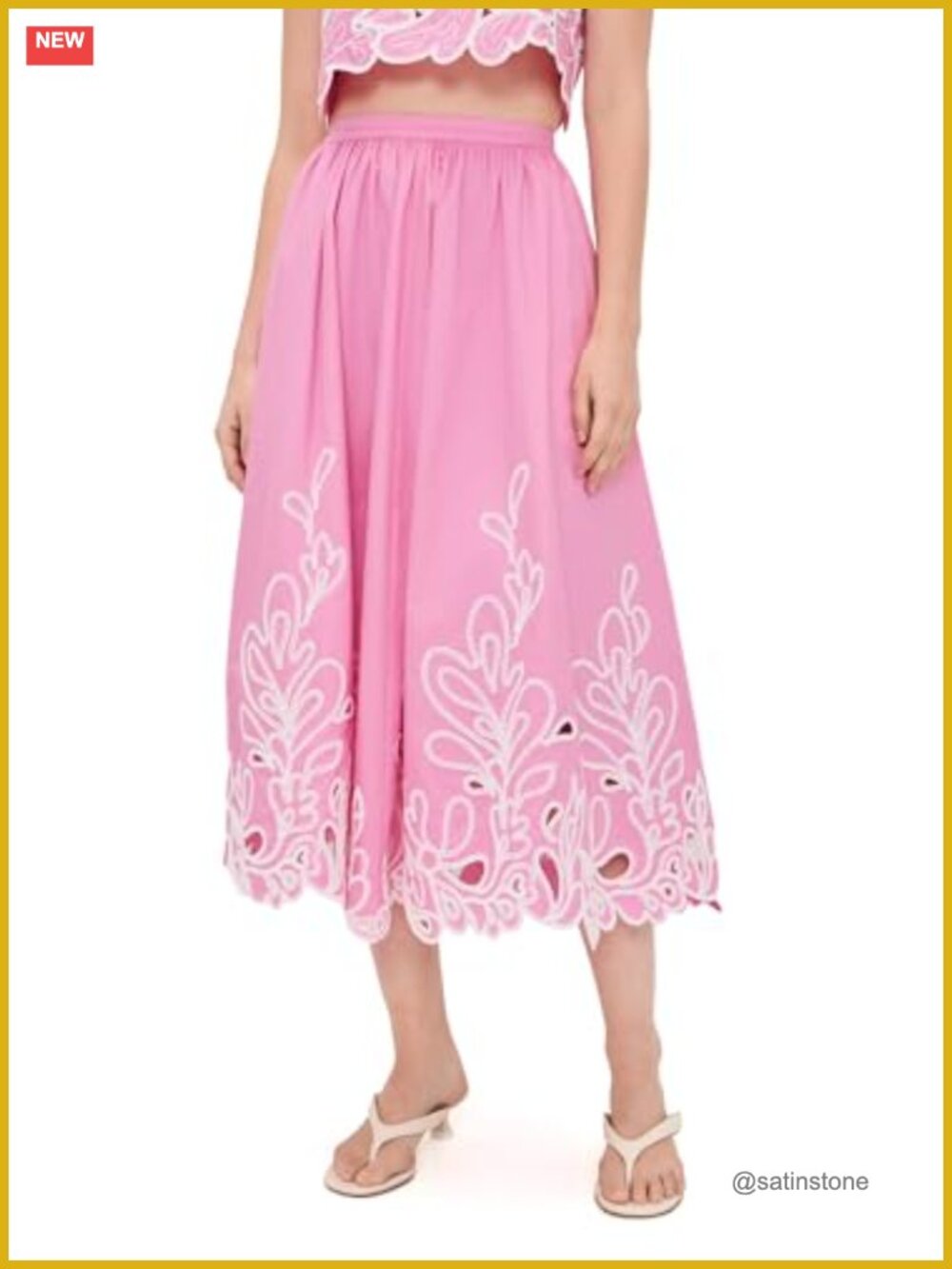 100% Cotton Midi Skirt with Soutache Trim Side Zip High Rise